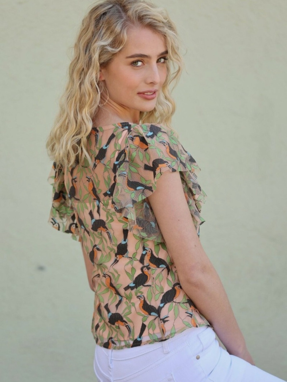 Anthropologie Eva Franco Toucan Print Ruffle Sleeve Top - Picture 3 of 5
